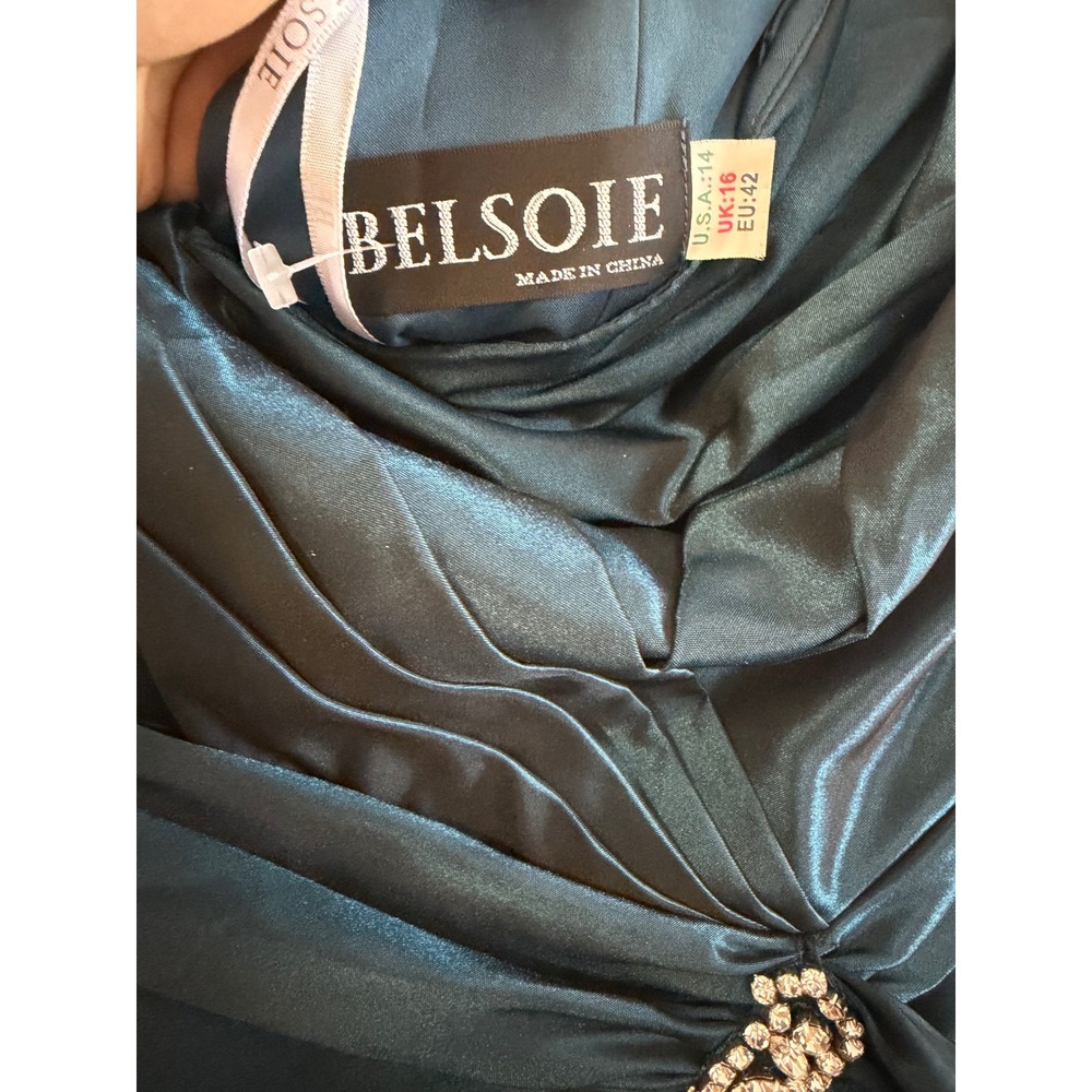 Belsoie Strapless Teal Satin Peplum Evening Gown Szโ 14 - Picture 9 of 11